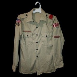 Boy Scouts Of America Official Mens Adult Shirt Size L Beige Button Up w/Patches